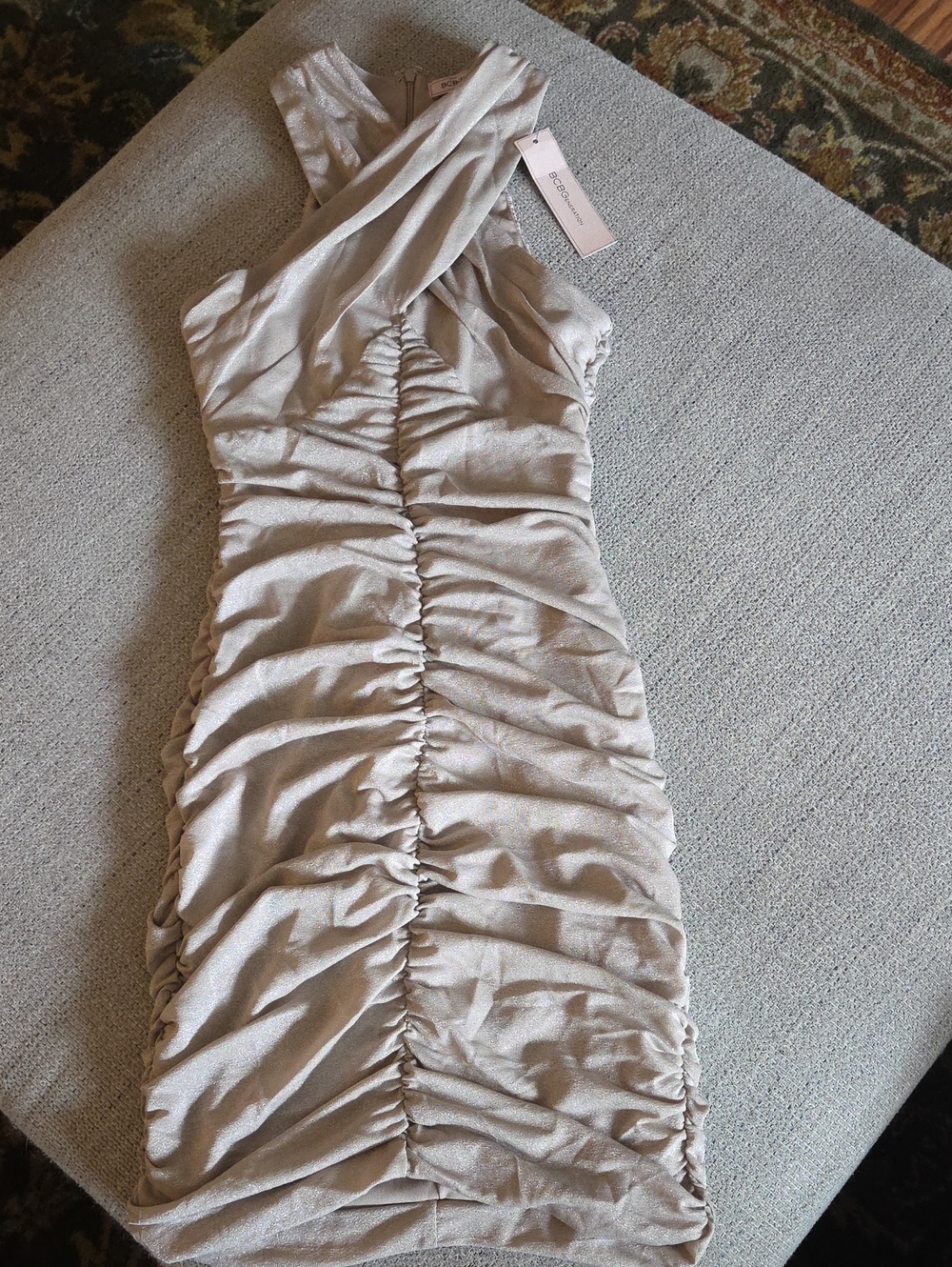 BCBGeneration Shimmery Taupe Ruched Crisscross Halter Mini Dress